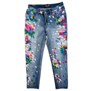 AZI Hand Painted Ankle Jeans Multicolor Spots Upcycled Skinny Fit Size Medium/6
